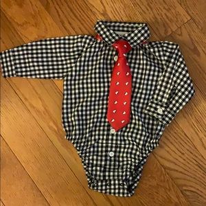 Plaid onesie w/ penguin necktie